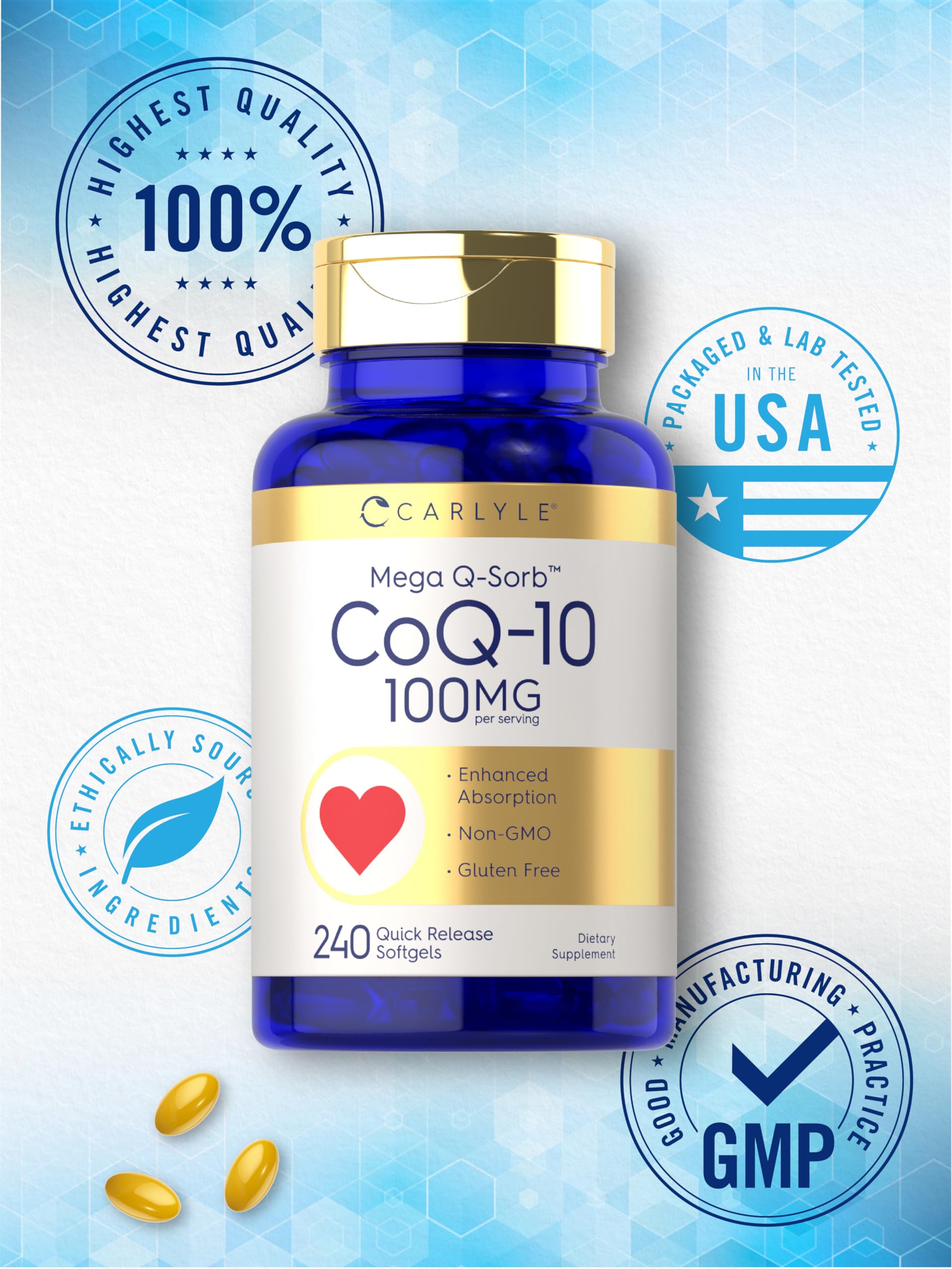 Hand holding Carlyle CoQ10 softgels shows quick-release design.