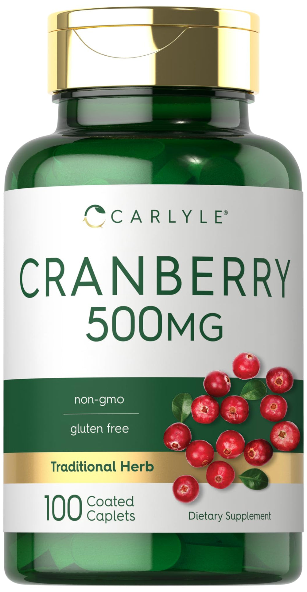 Carlyle Cranberry Pills bottle showing gluten-free and non-GMO attributes for daily use.