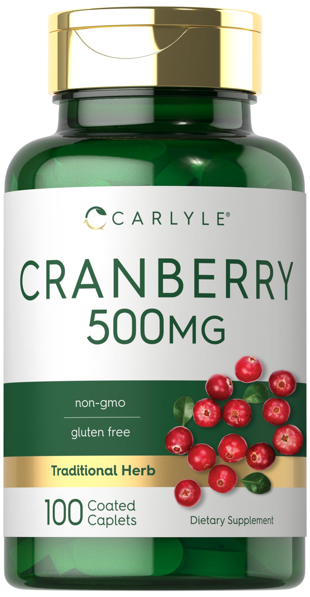 Carlyle Cranberry Pills bottle showing gluten-free and non-GMO attributes for daily use.