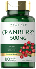 Carlyle Cranberry Pills bottle showing gluten-free and non-GMO attributes for daily use.