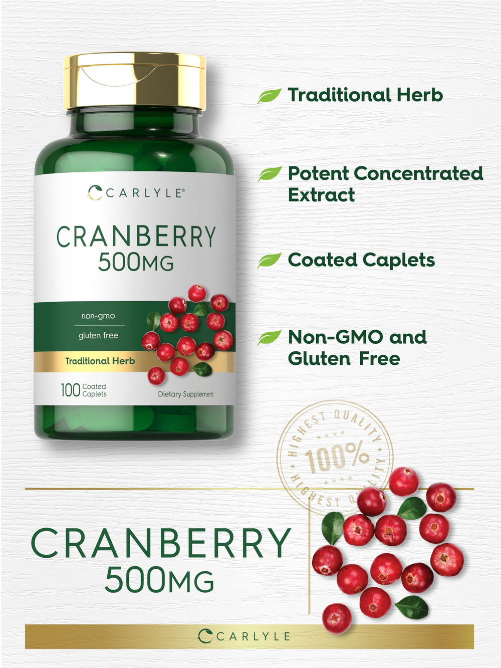 Carlyle Cranberry Pills gluten-free badge on packaging for allergen awareness.