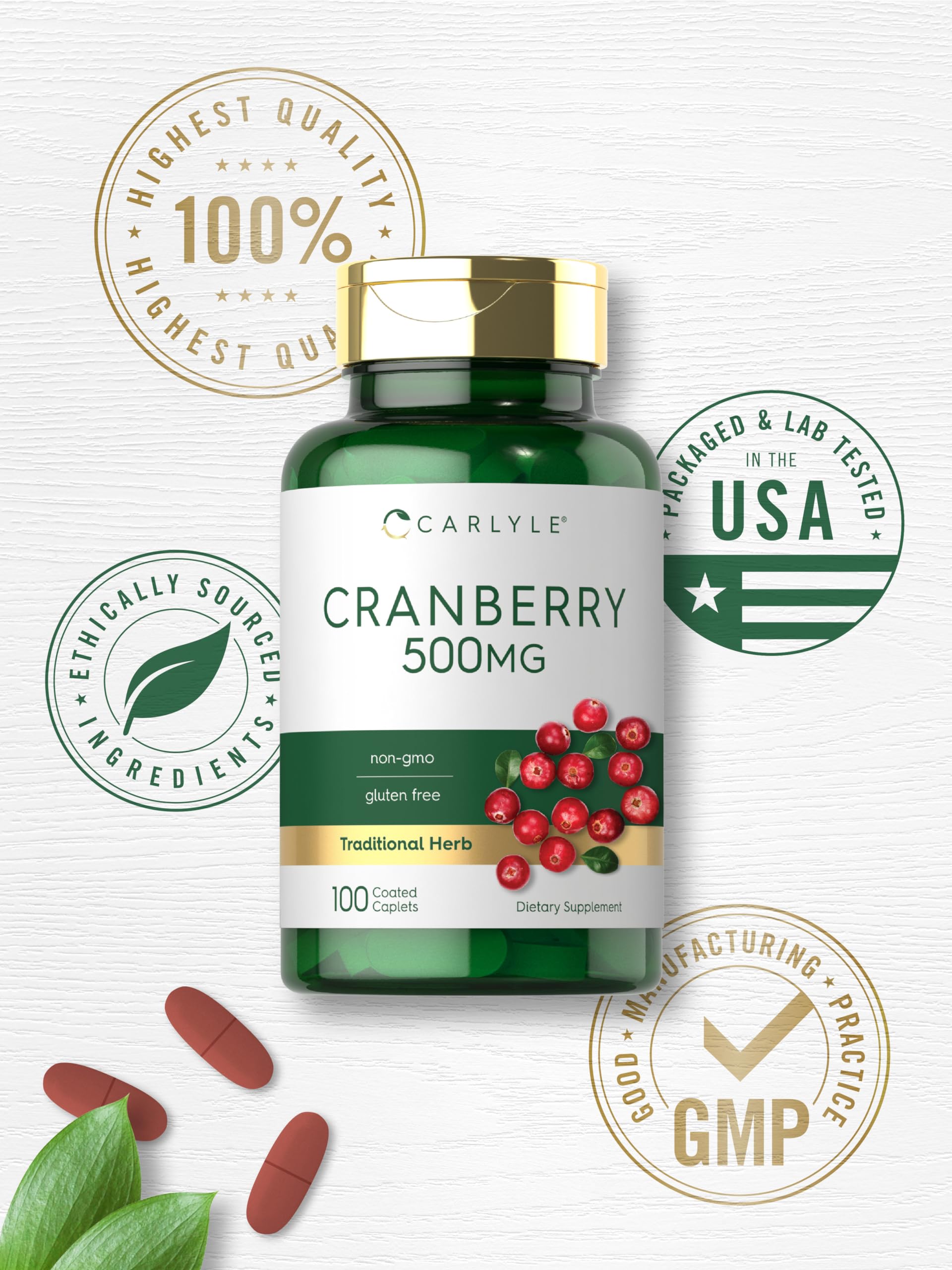 Carlyle Cranberry Pills ingredients list featuring cranberry extract and key nutrients.