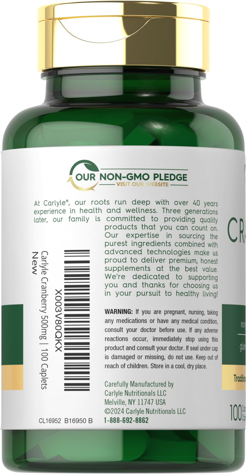 Carlyle Cranberry Pills label highlighting cranberry extract content and vitamins.
