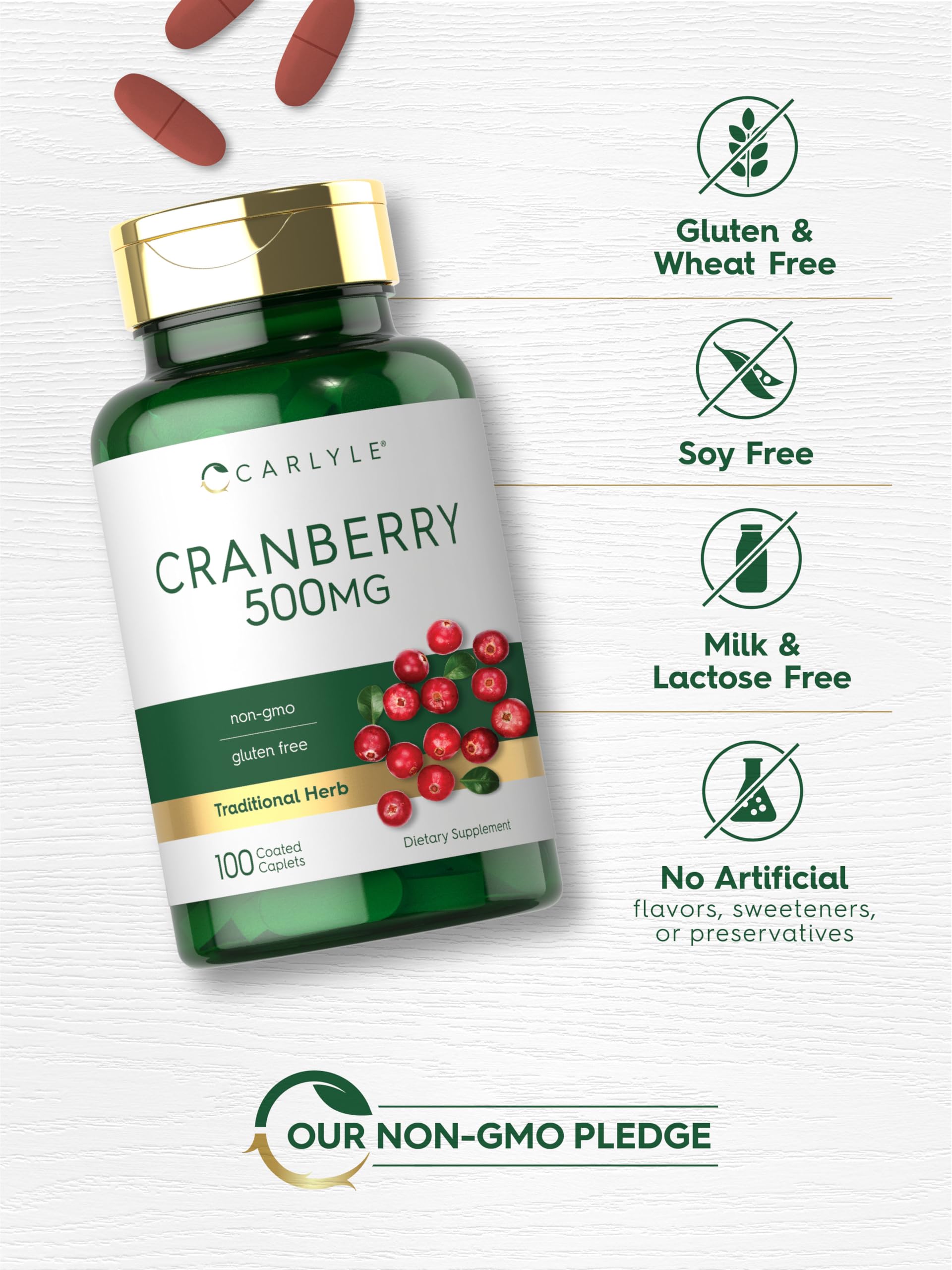 Carlyle Cranberry Pills non-GMO seal indicating product integrity.