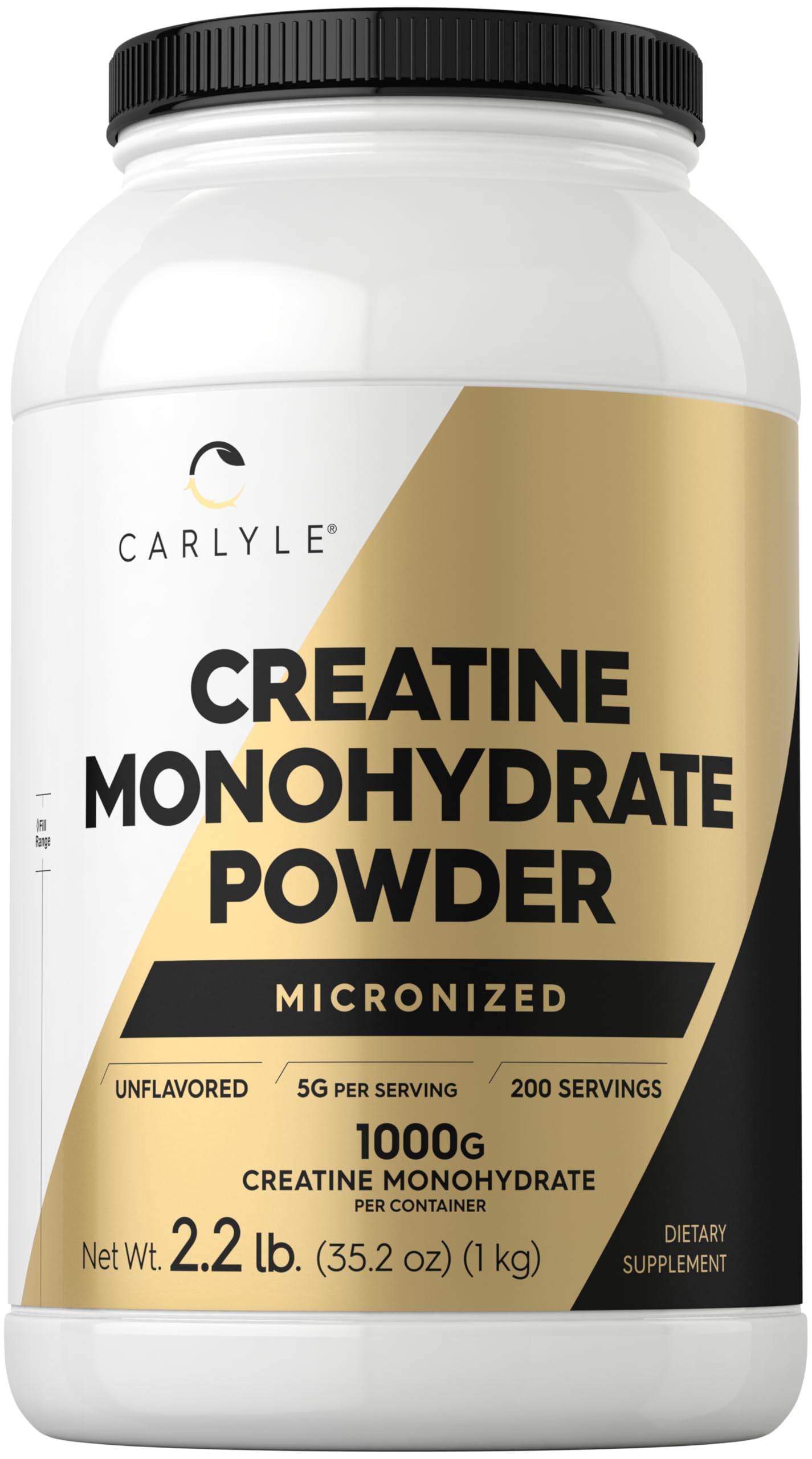 Carlyle Creatine Monohydrate powder bottle with unflavored formula for post-workout support.