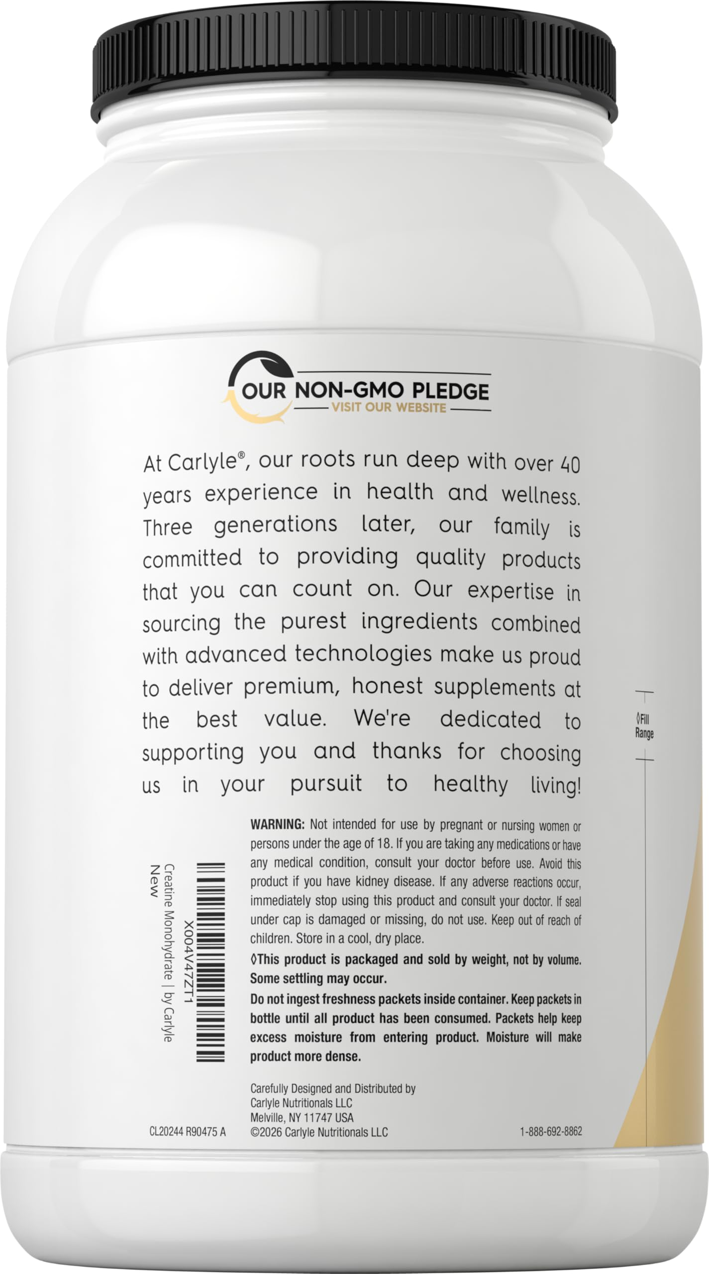Carlyle Creatine powder jar label highlighting micronized texture for easy mixing.