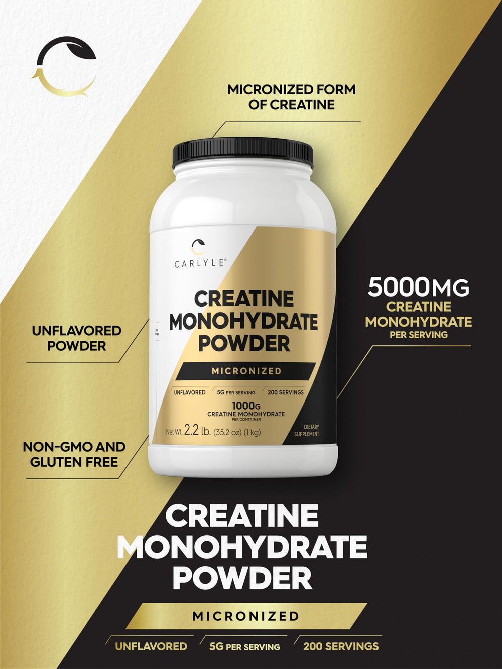 Unflavored Carlyle Creatine Monohydrate powder ready to blend.