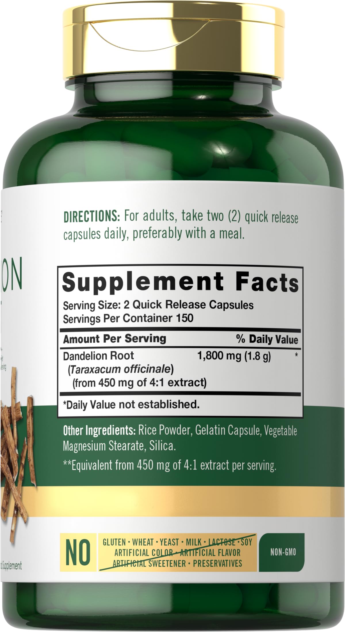 Carlyle Dandelion Root Extract bottle side showing dosage and features
