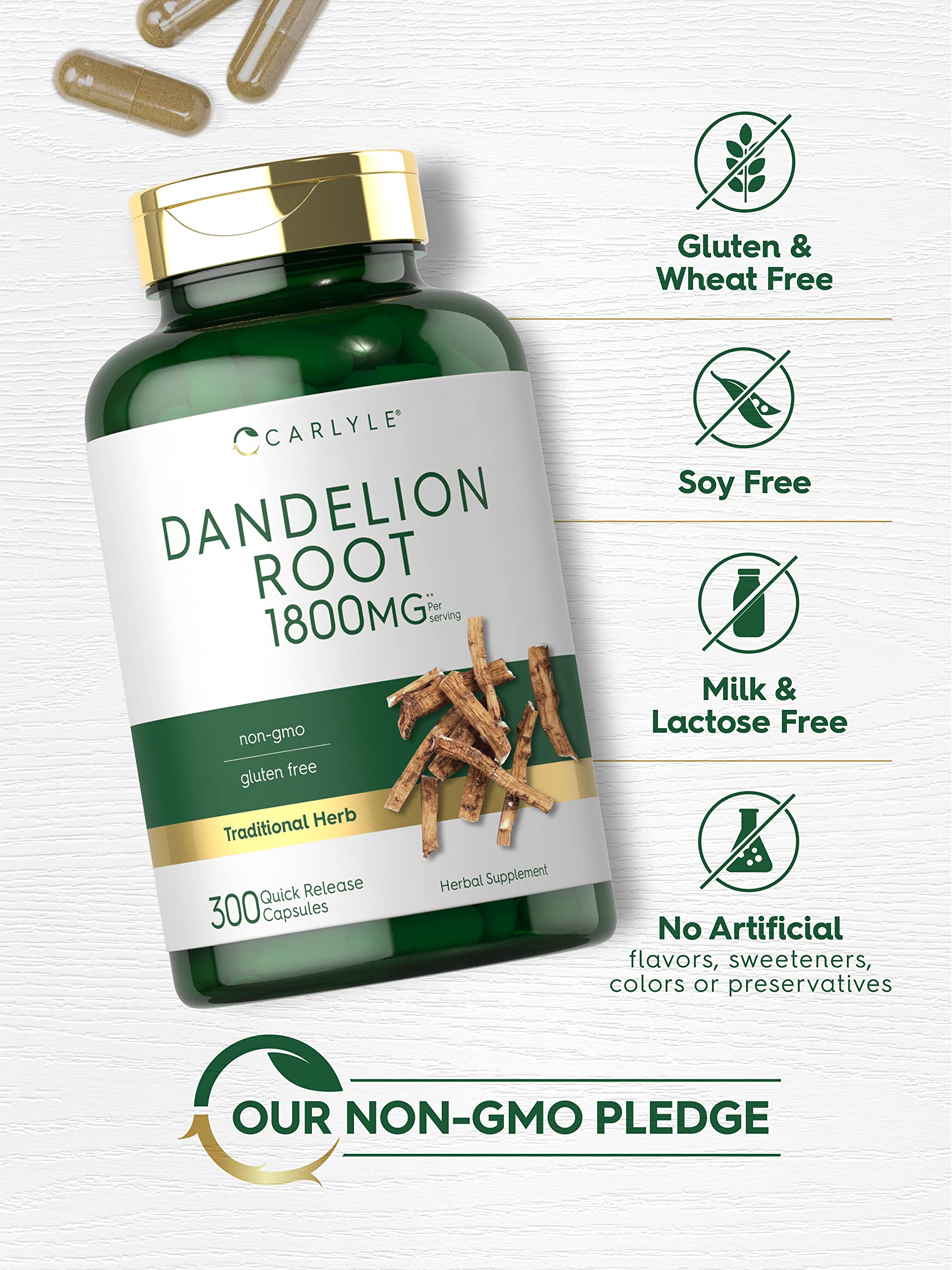 Carlyle Dandelion Root Extract label close-up highlighting gluten-free and non-GMO