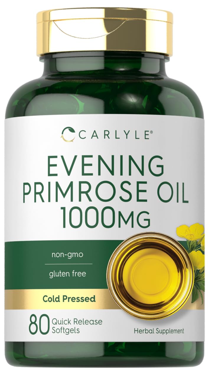 Carlyle Evening Primrose Oil capsules bottle, premium non-GMO formula for daily wellness.