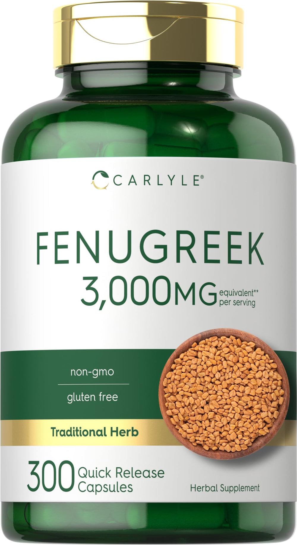 Carlyle Fenugreek Capsules 300 Count bottle front with gluten-free, non-GMO formulation.