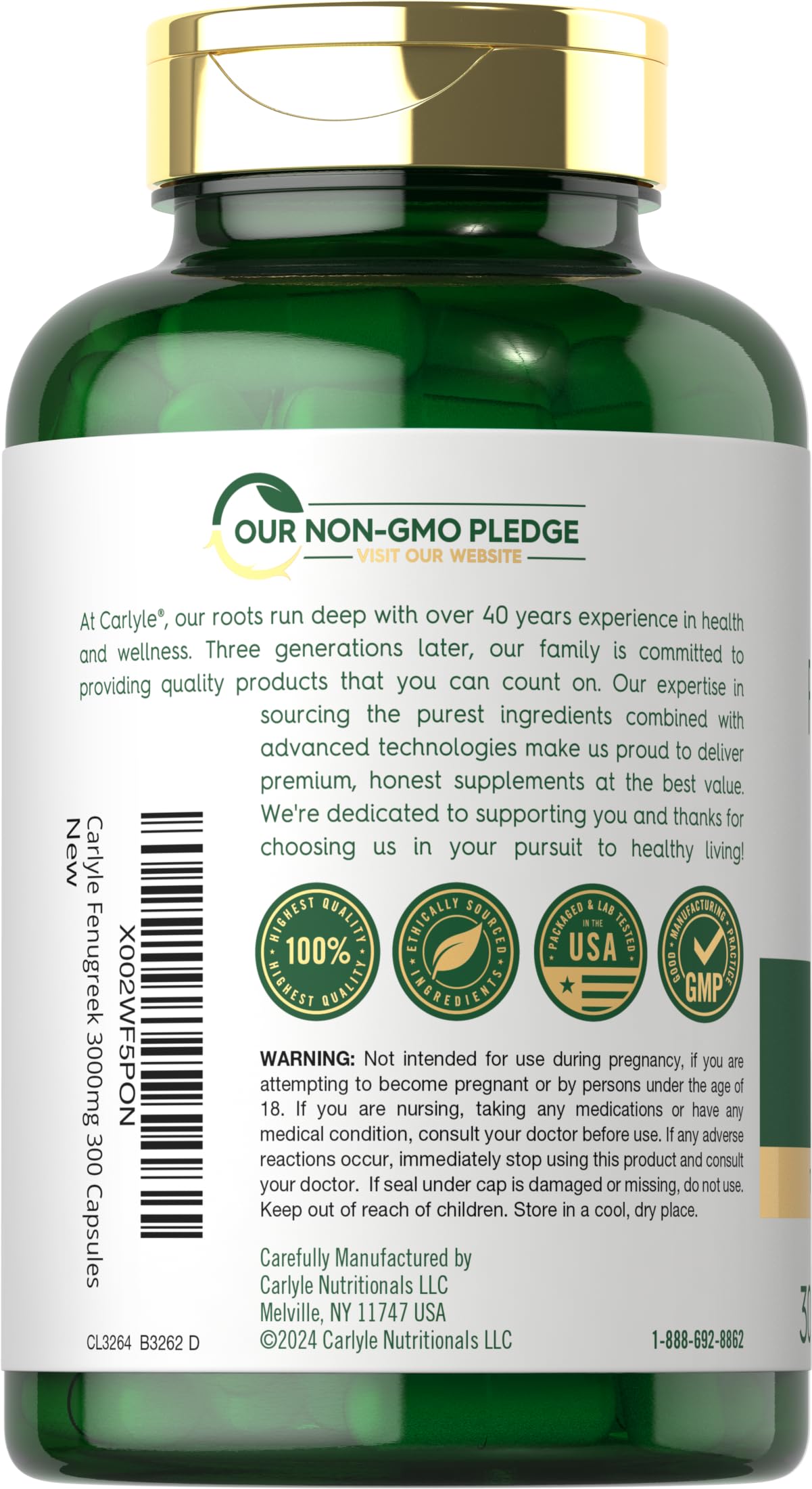 Carlyle Fenugreek Capsules bottle back label – dosage and ingredients listed.