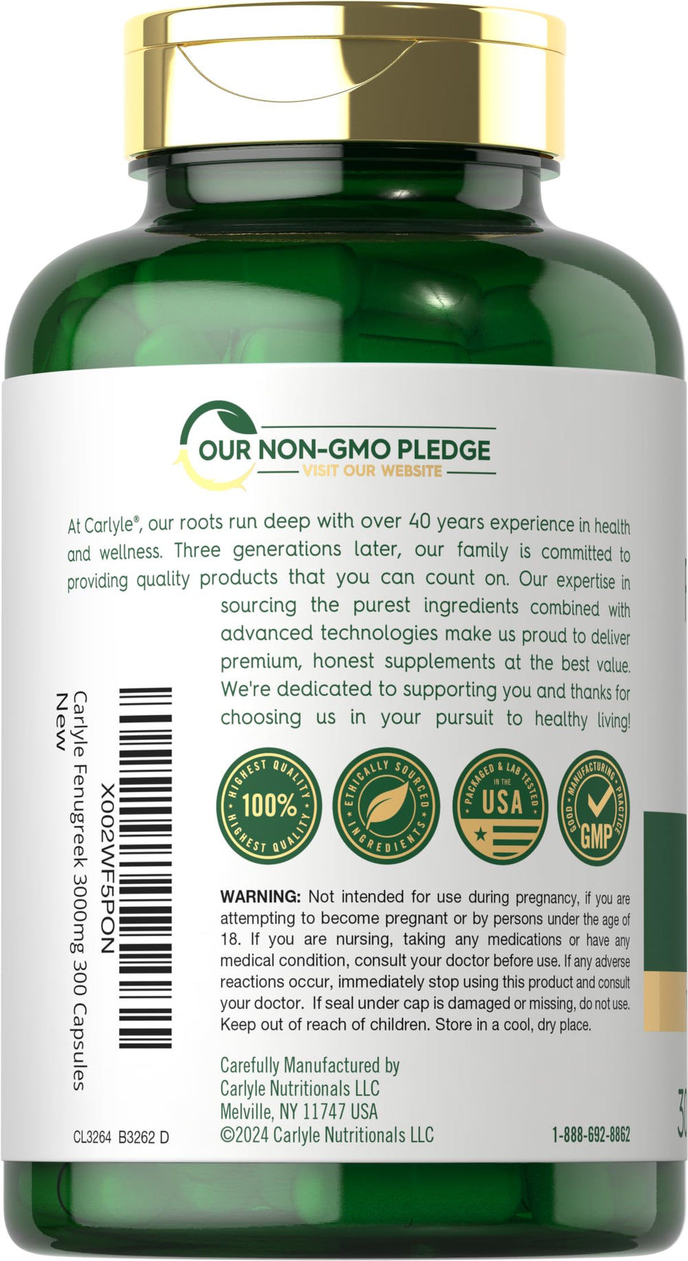 Carlyle Fenugreek Capsules bottle back label – dosage and ingredients listed.