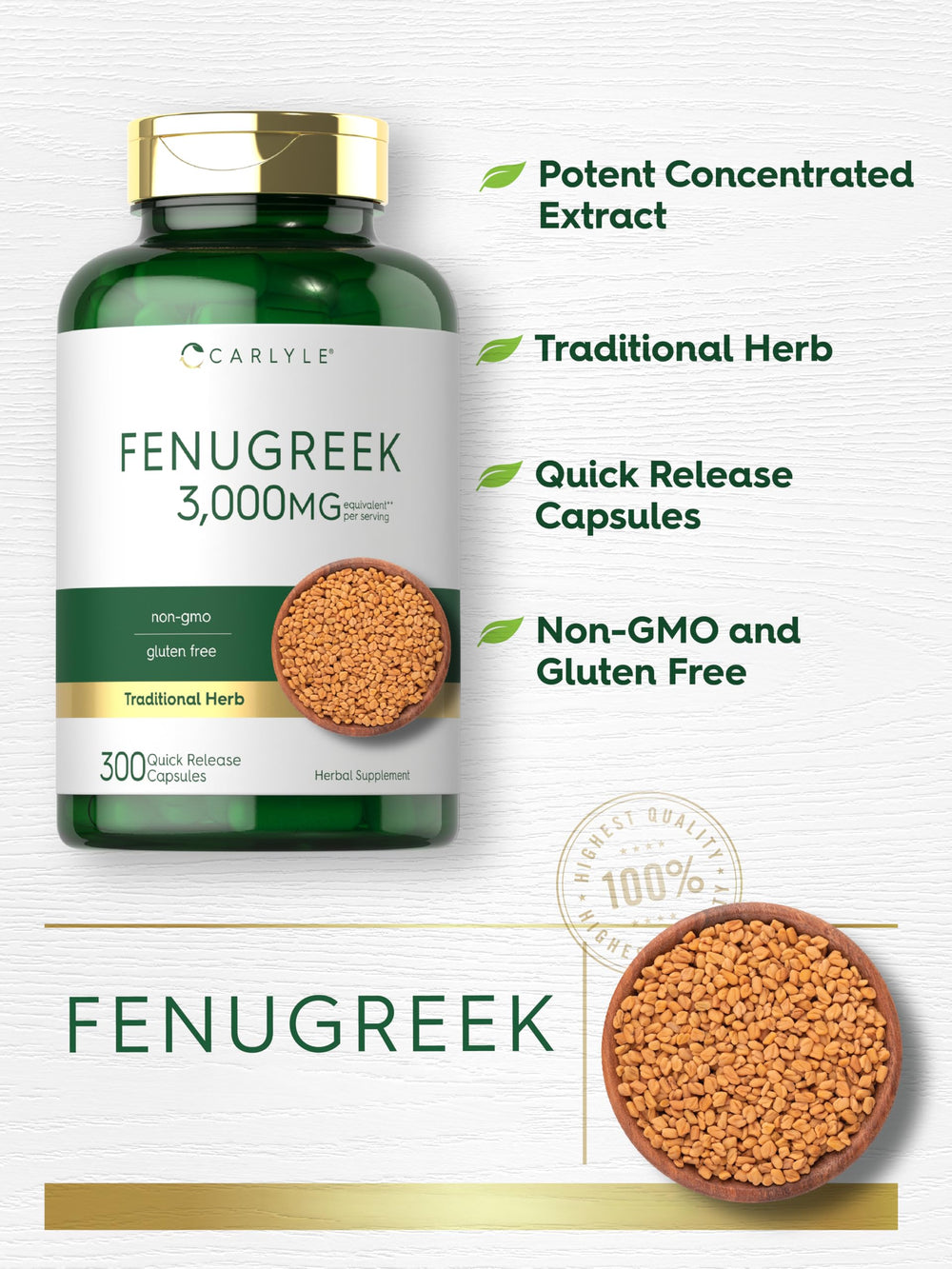 Carlyle Fenugreek Capsules closeup – soft capsules with a subtle earthy look.