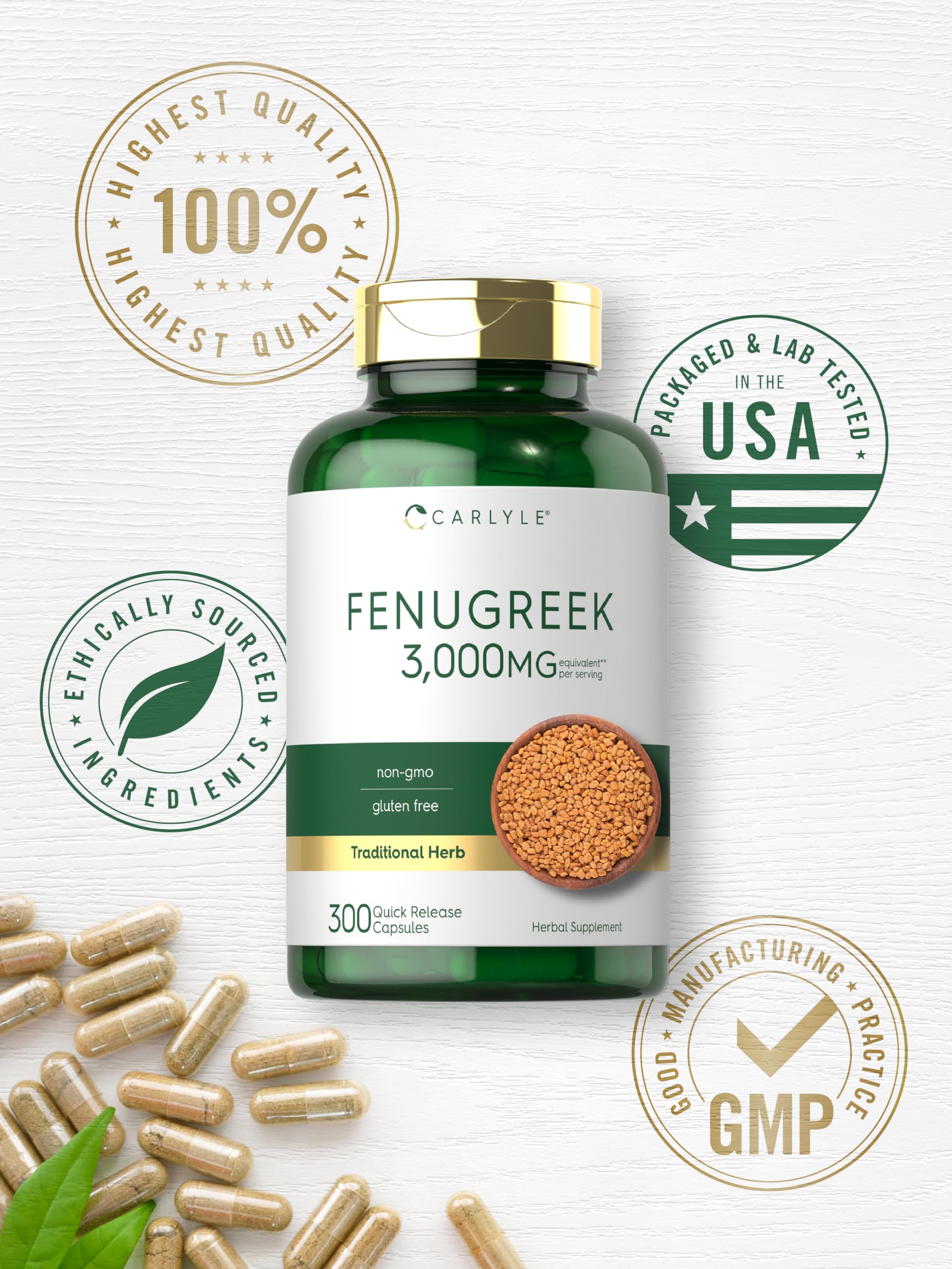 Carlyle Fenugreek Capsules gluten-free badge – allergen-free formula highlighted.