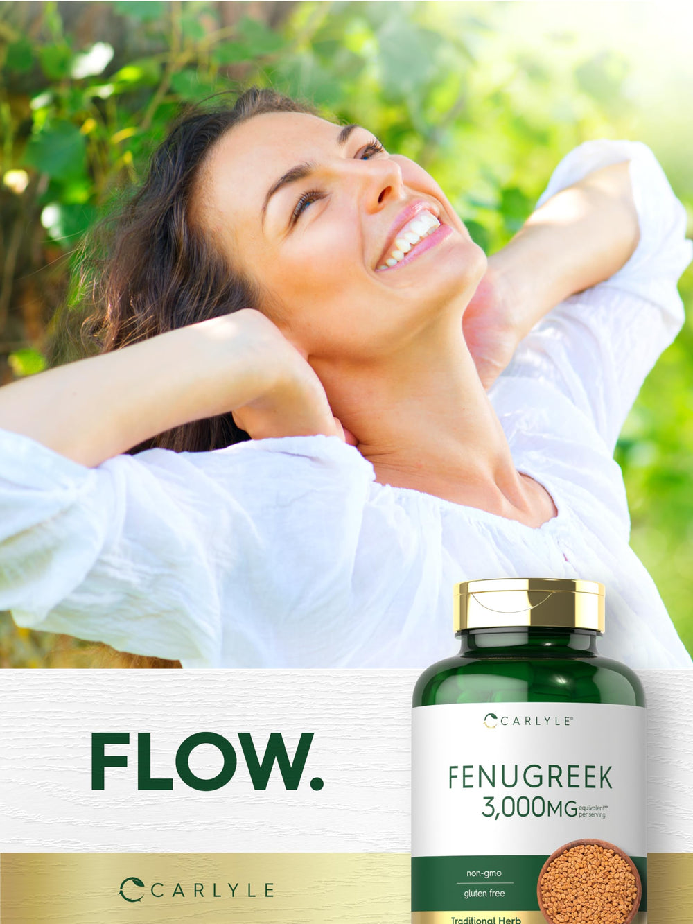 Carlyle Fenugreek Capsules non-GMO seal – trusted quality claim.