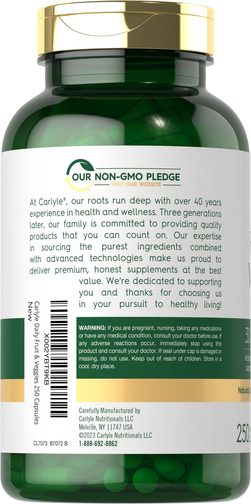 Carlyle Fruits and Veggies bottle front communicates trusted quality and vegetarian formula.