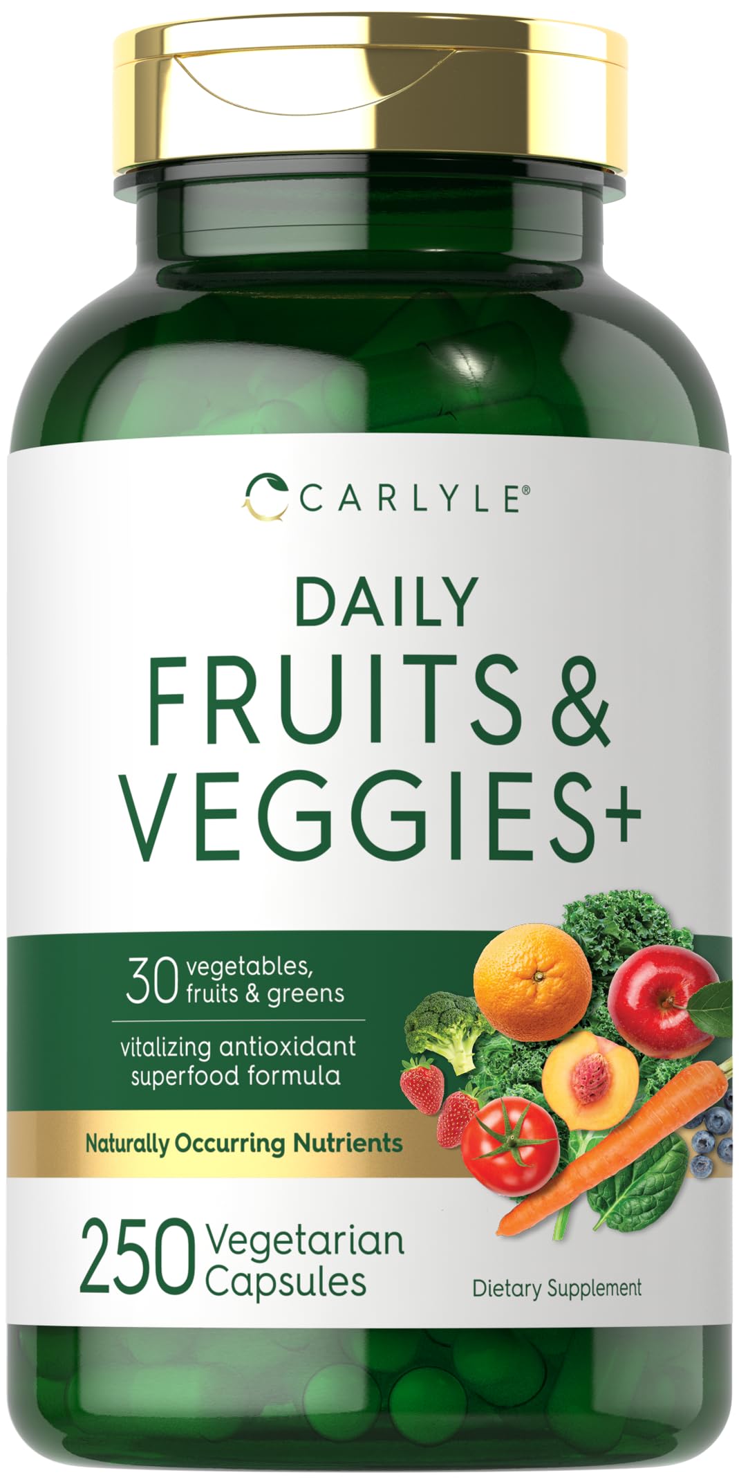 Carlyle Fruits and Veggies bottle label showing 30+ superfoods for daily nutrition.