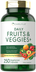 Carlyle Fruits and Veggies bottle label showing 30+ superfoods for daily nutrition.
