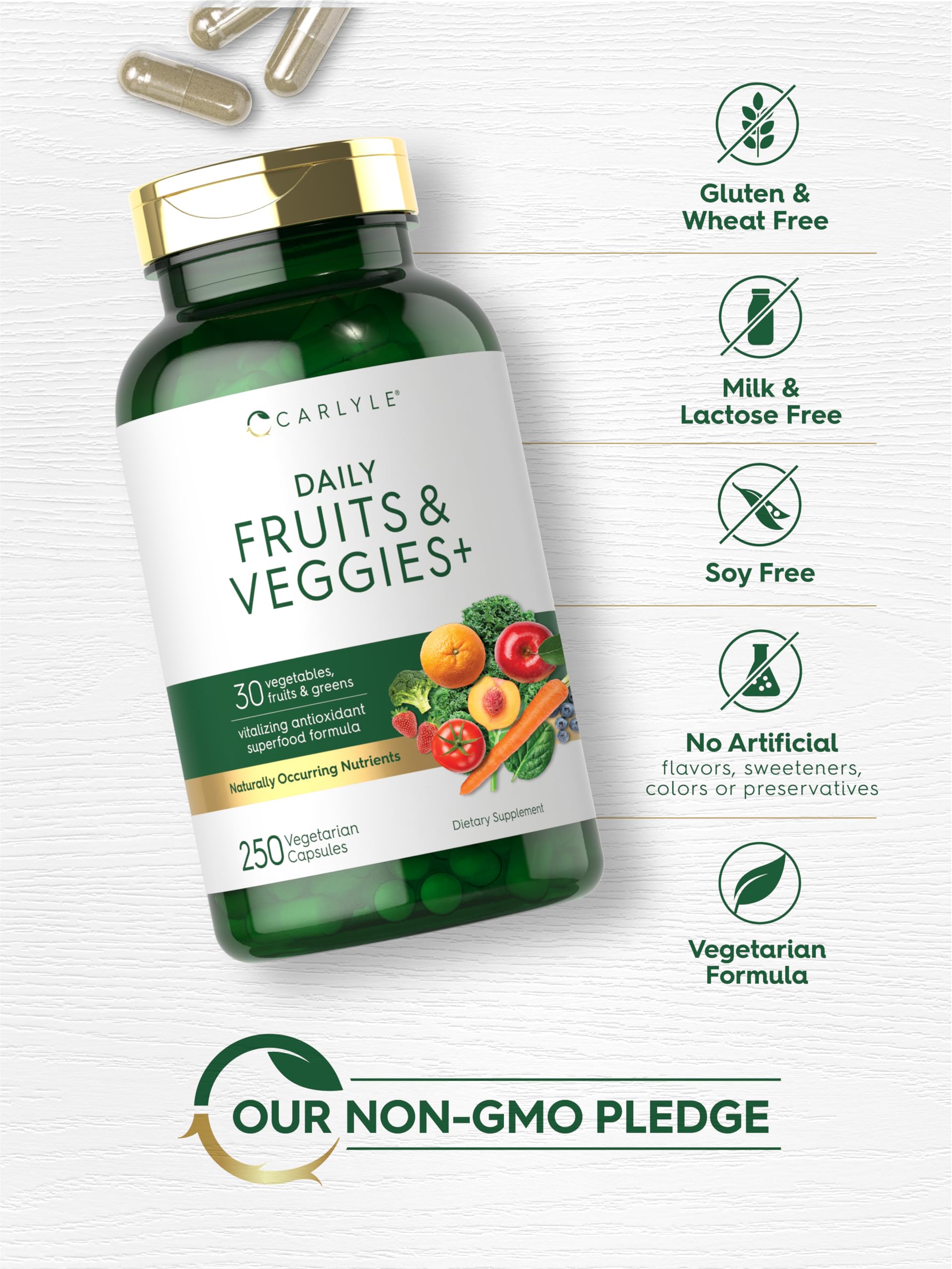 Carlyle Fruits and Veggies daily serve shows an easy two-capsule habit.