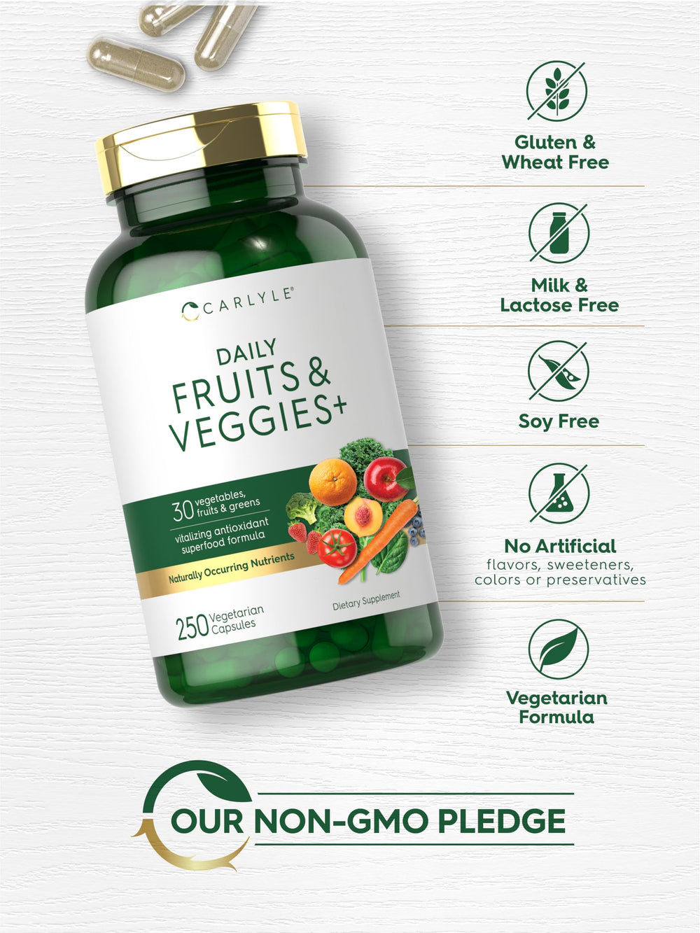 Carlyle Fruits and Veggies daily serve shows an easy two-capsule habit.