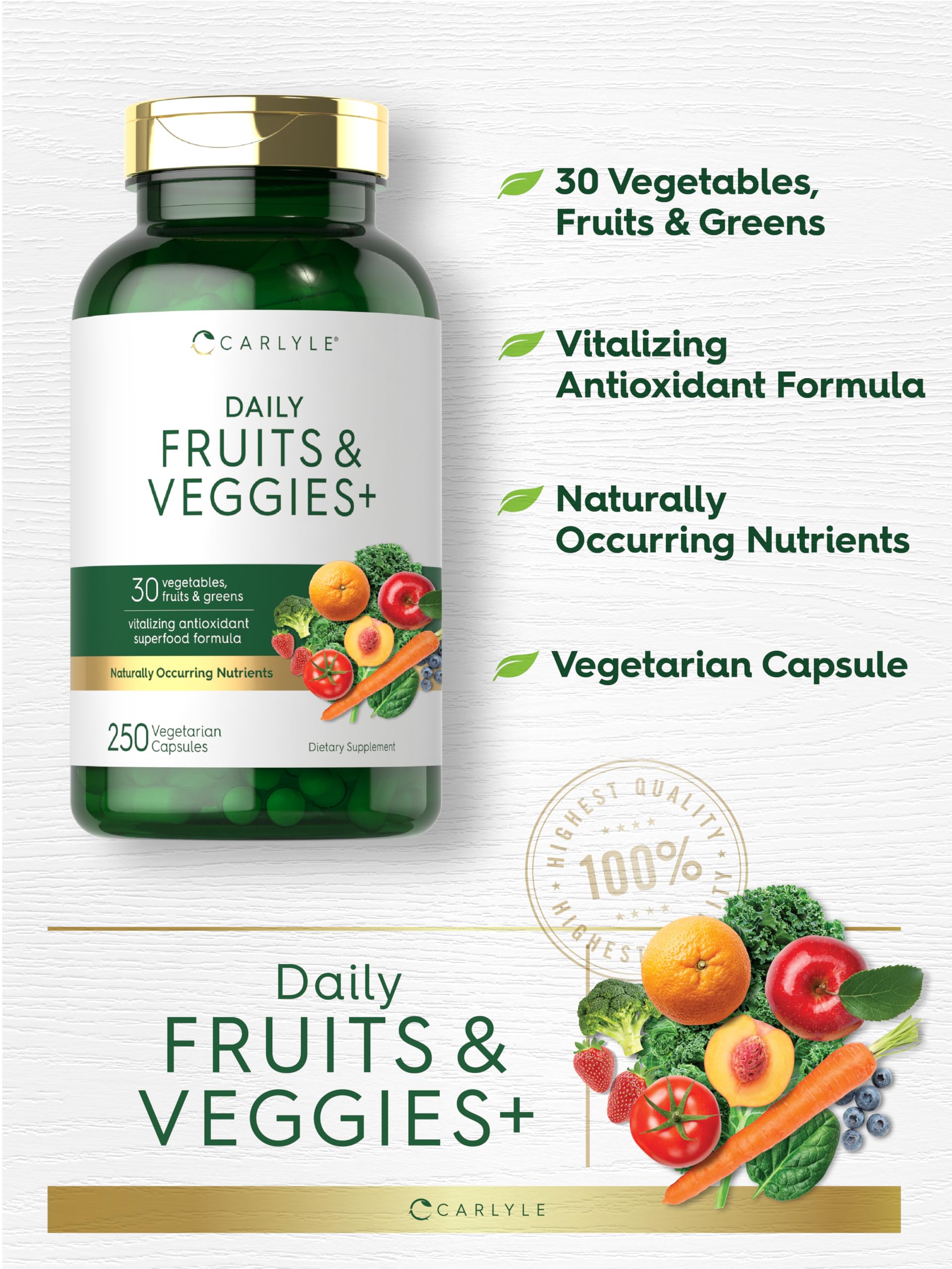 Carlyle Fruits and Veggies ingredients chart highlights 14 vegetables and 18 fruits.