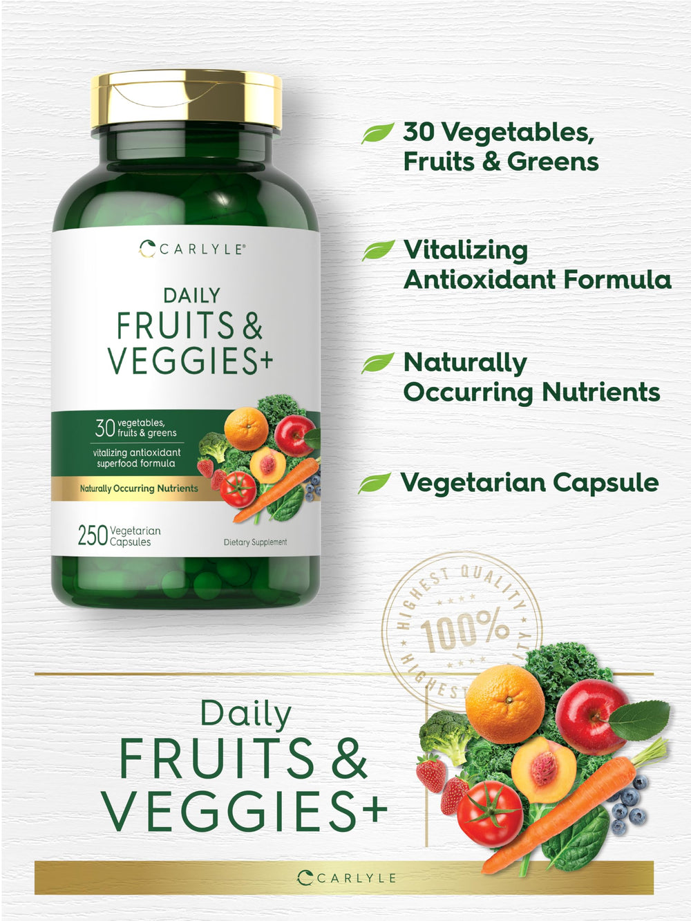 Carlyle Fruits and Veggies ingredients chart highlights 14 vegetables and 18 fruits.