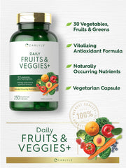 Carlyle Fruits and Veggies ingredients chart highlights 14 vegetables and 18 fruits.