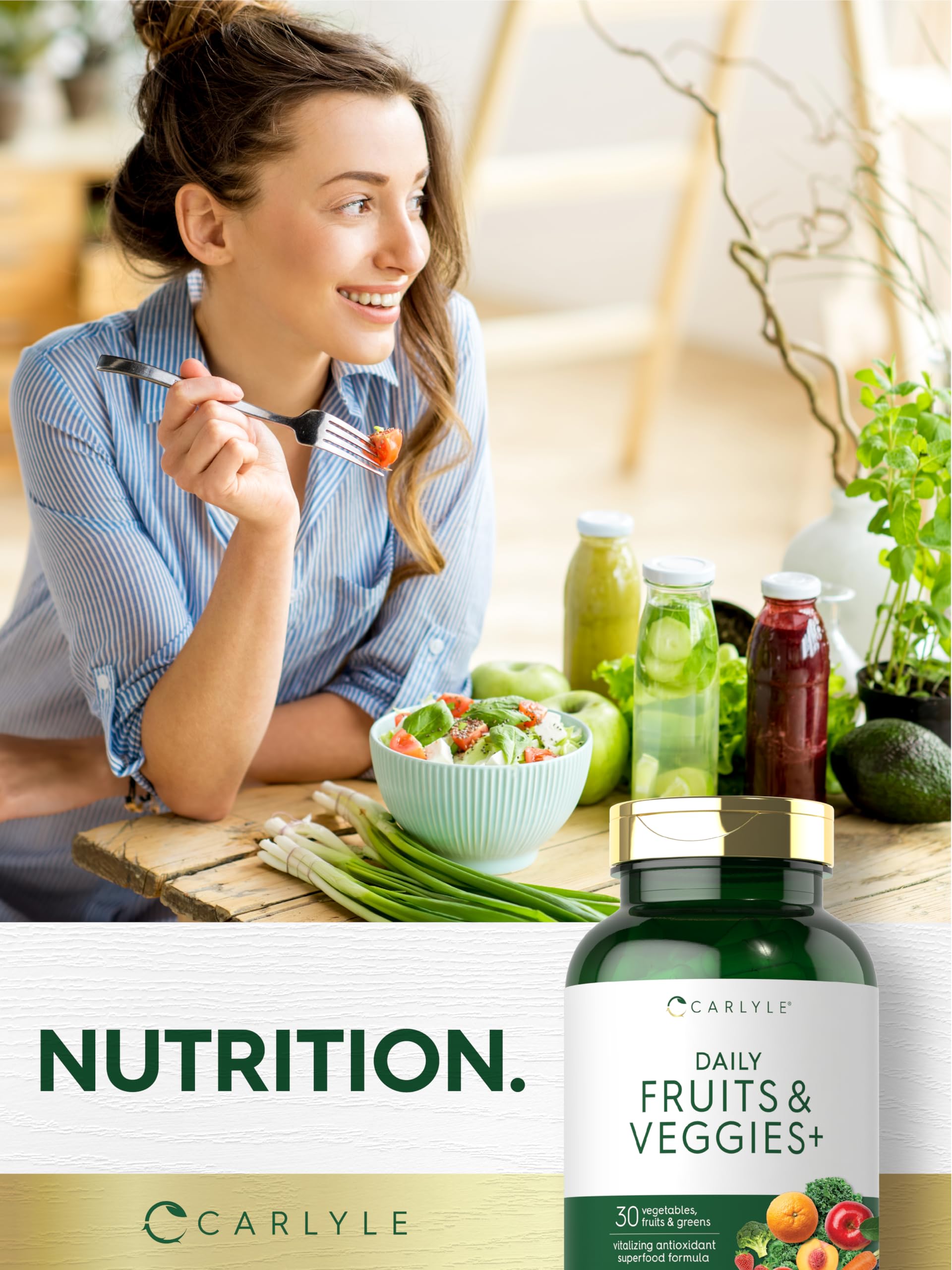 Carlyle Fruits and Veggies non-GMO badge emphasizes clean ingredients.