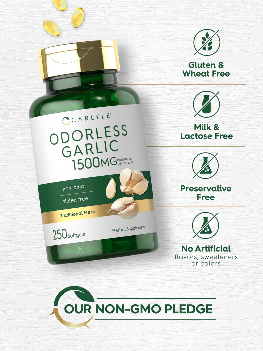 Carlyle garlic label emphasizes non-GMO and gluten-free formulation.