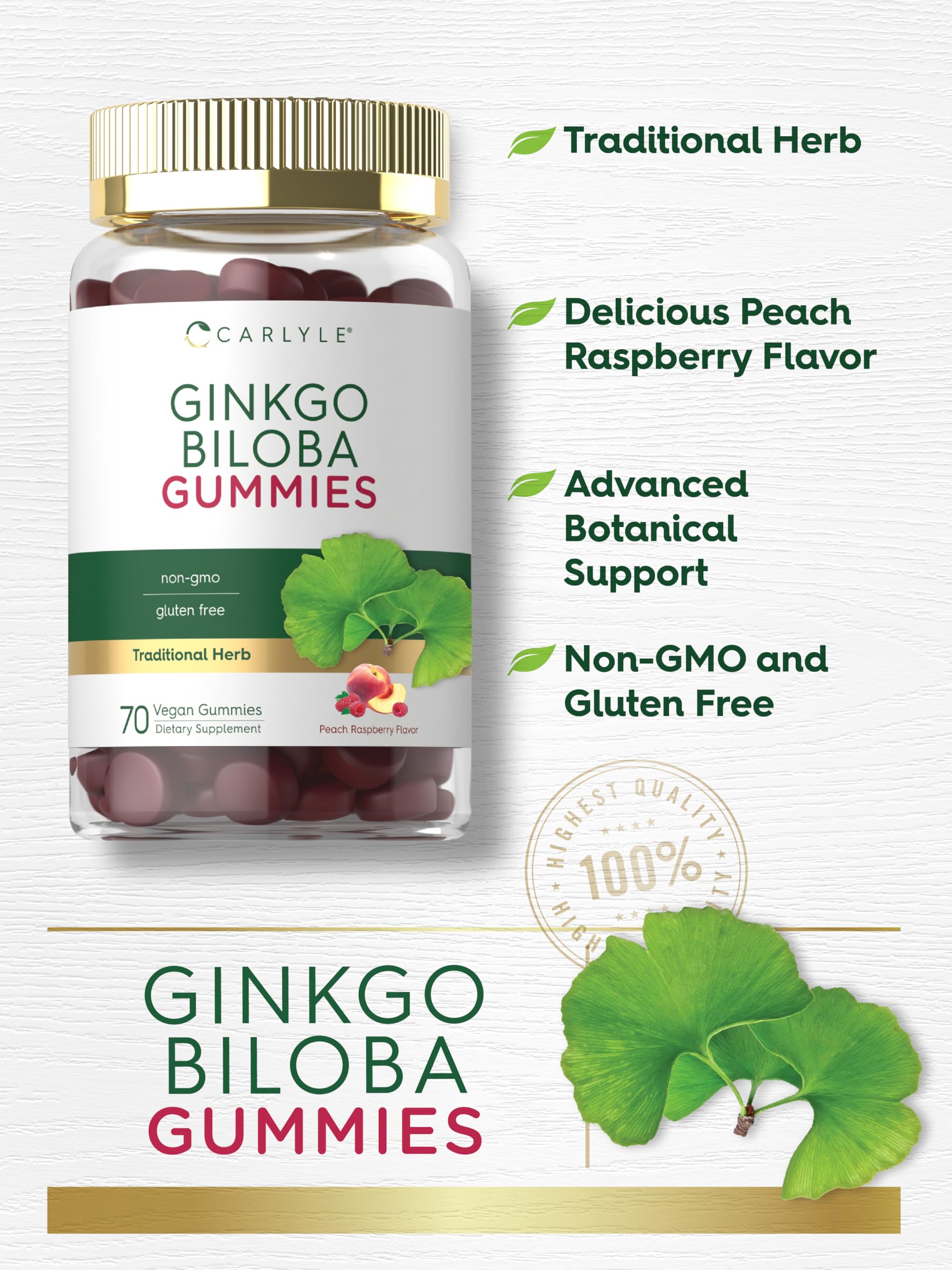Carlyle Ginkgo Biloba Gummies bottle close-up with vibrant packaging.