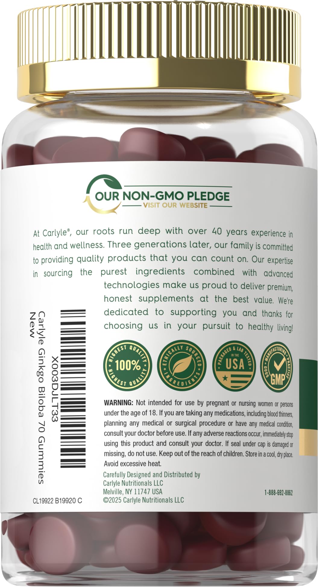Carlyle Ginkgo Biloba Gummies label emphasizes 45:1 leaf extract content.