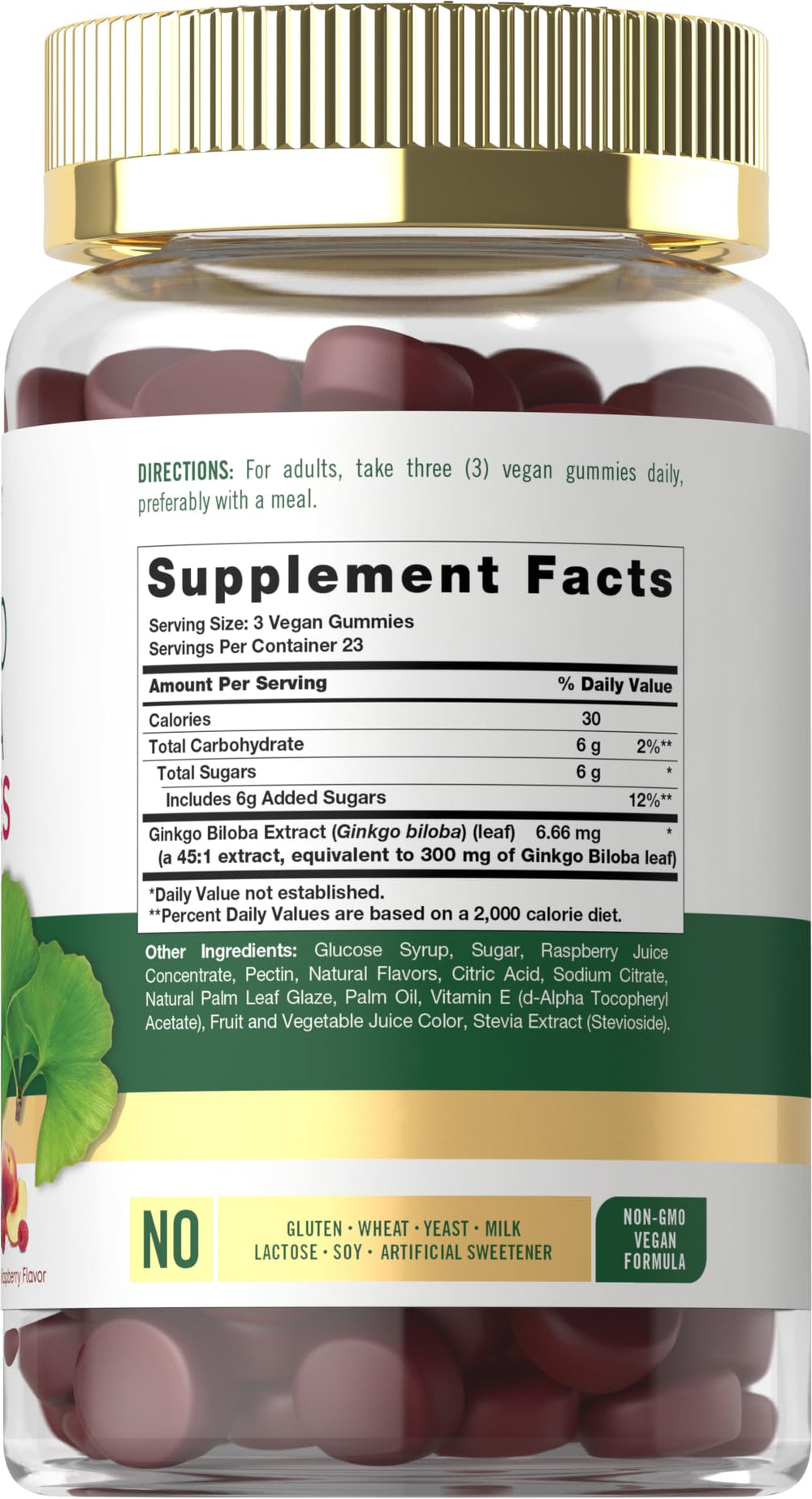 Carlyle Ginkgo Biloba Gummies close-up highlights peach raspberry flavor and chewy texture.