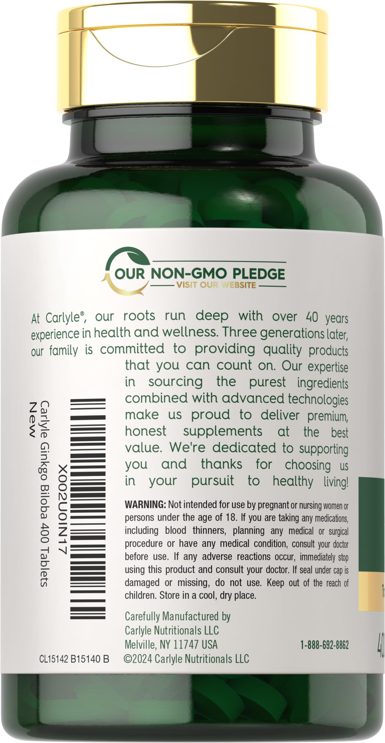 Carlyle Ginkgo Biloba label detail confirms gluten-free and vegetarian options