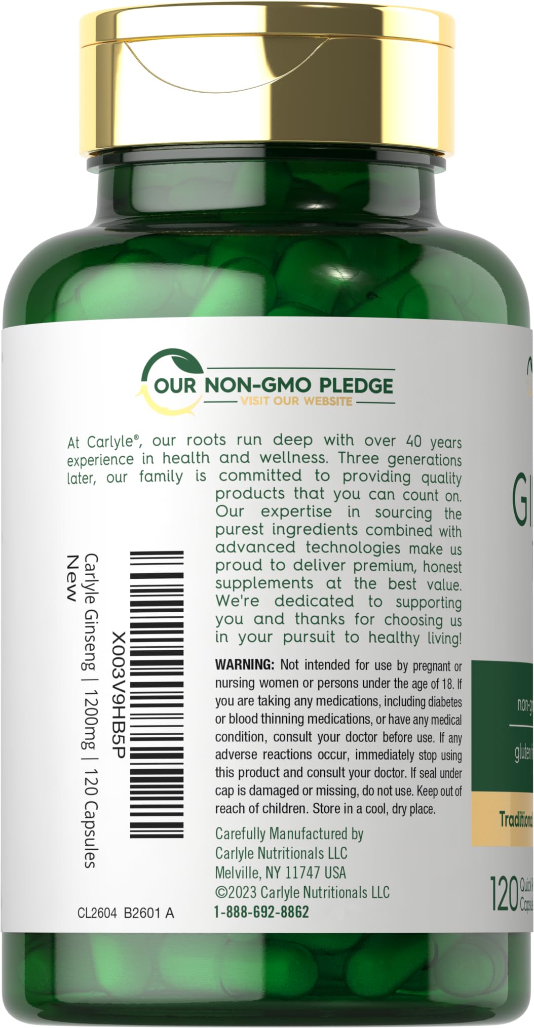Carlyle Ginseng Extract label close-up showing gluten-free and non-GMO claims