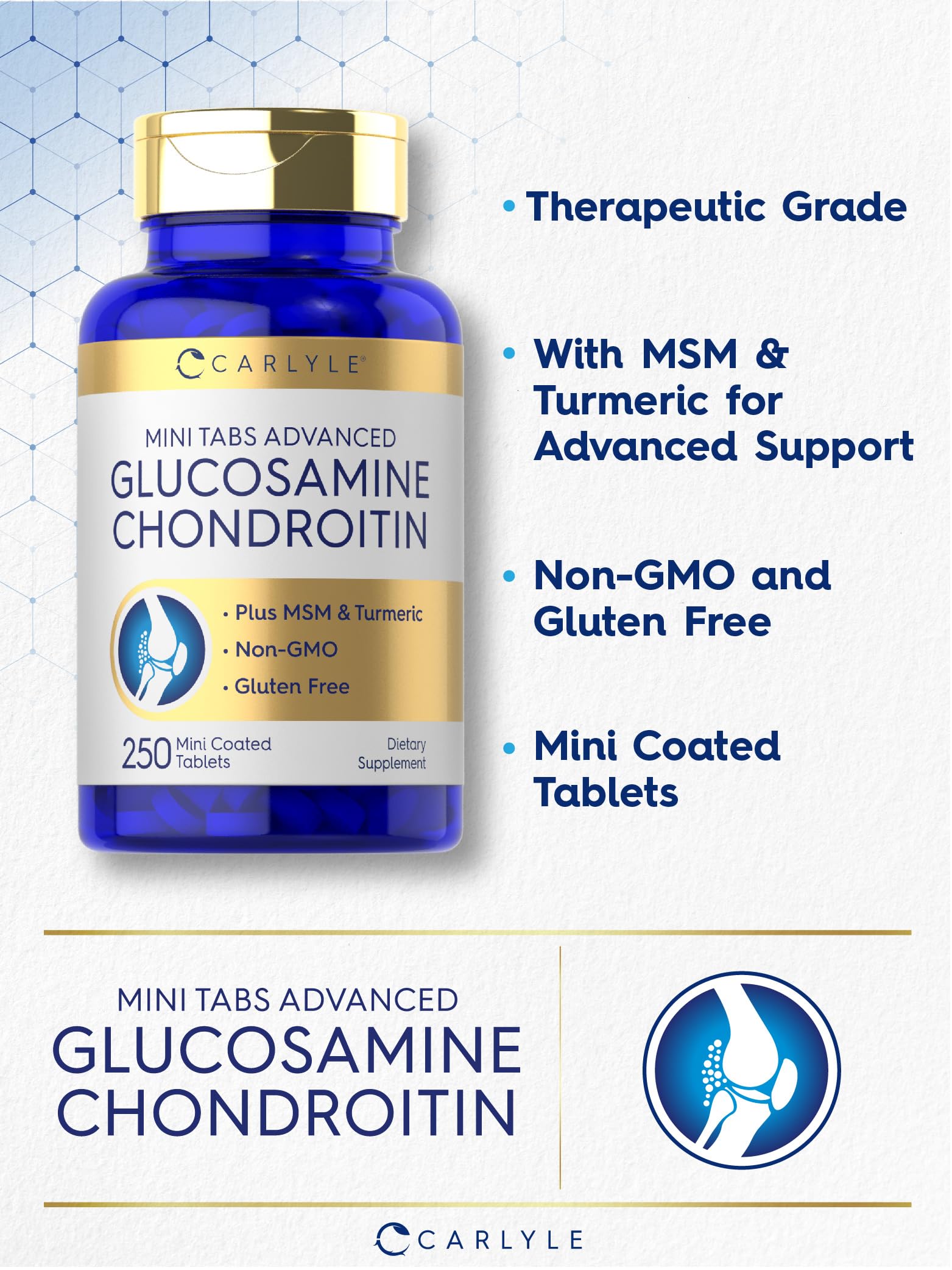Carlyle ingredients label with Turmeric and Hyaluronic Acid for joint comfort support.