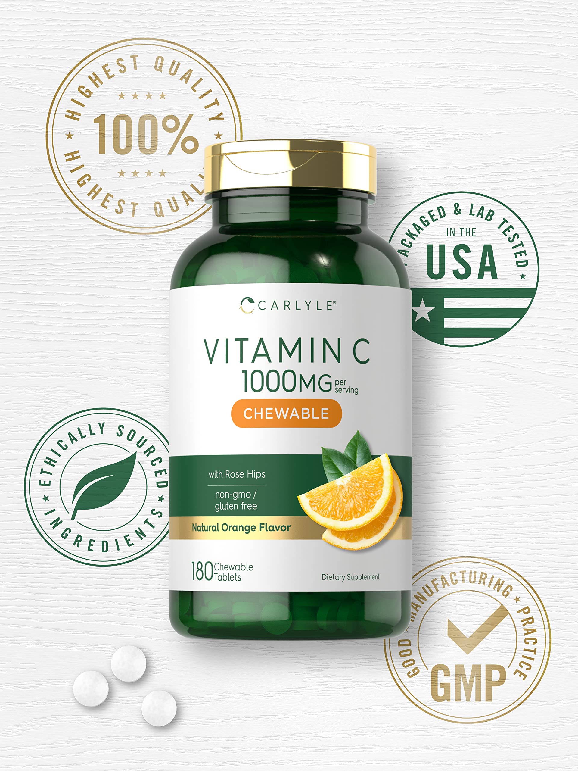 Carlyle Vitamin C label emphasizing gluten-free, non-GMO and dairy-free features