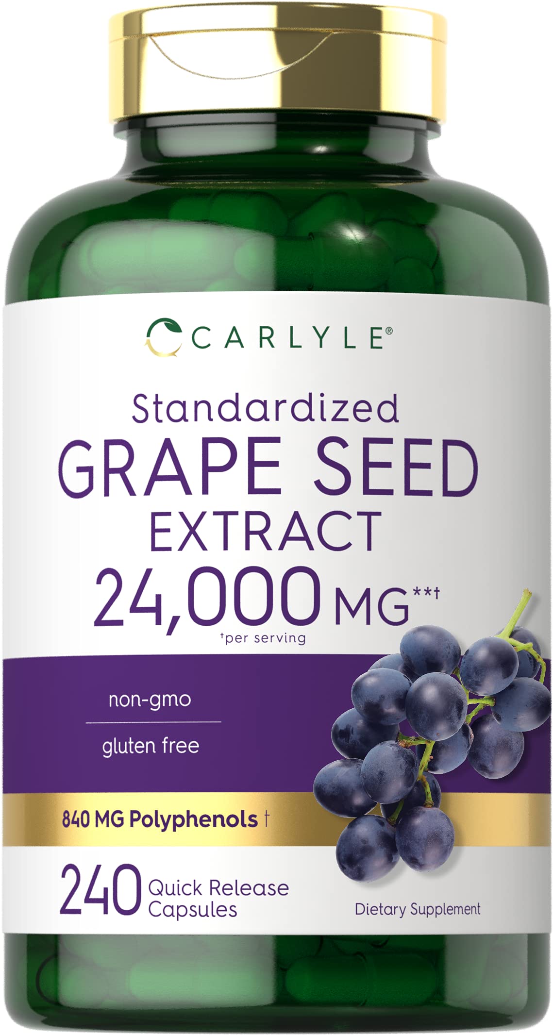 Carlyle Grape Seed Extract bottle close-up capsules for daily antioxidant support
