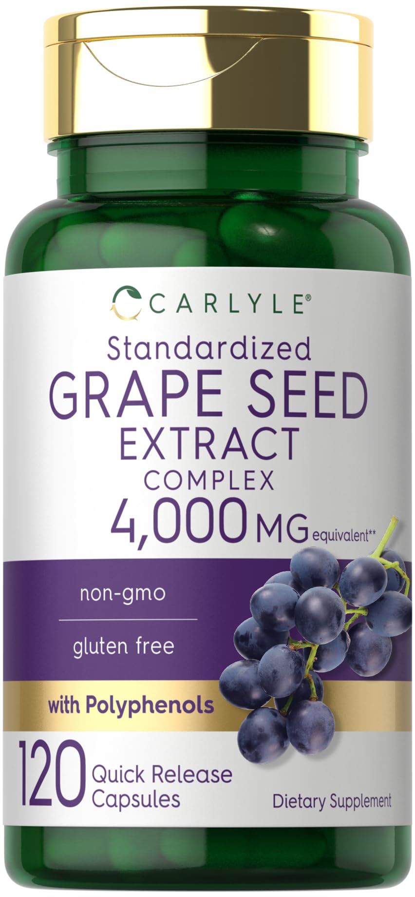 Carlyle Grape Seed Extract bottle highlighting antioxidant-rich formula.