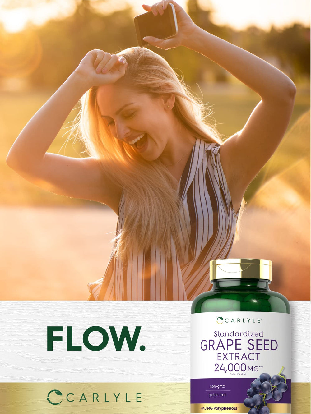 Product box and Carlyle Grape Seed Extract bottle conveying premium non-GMO quality