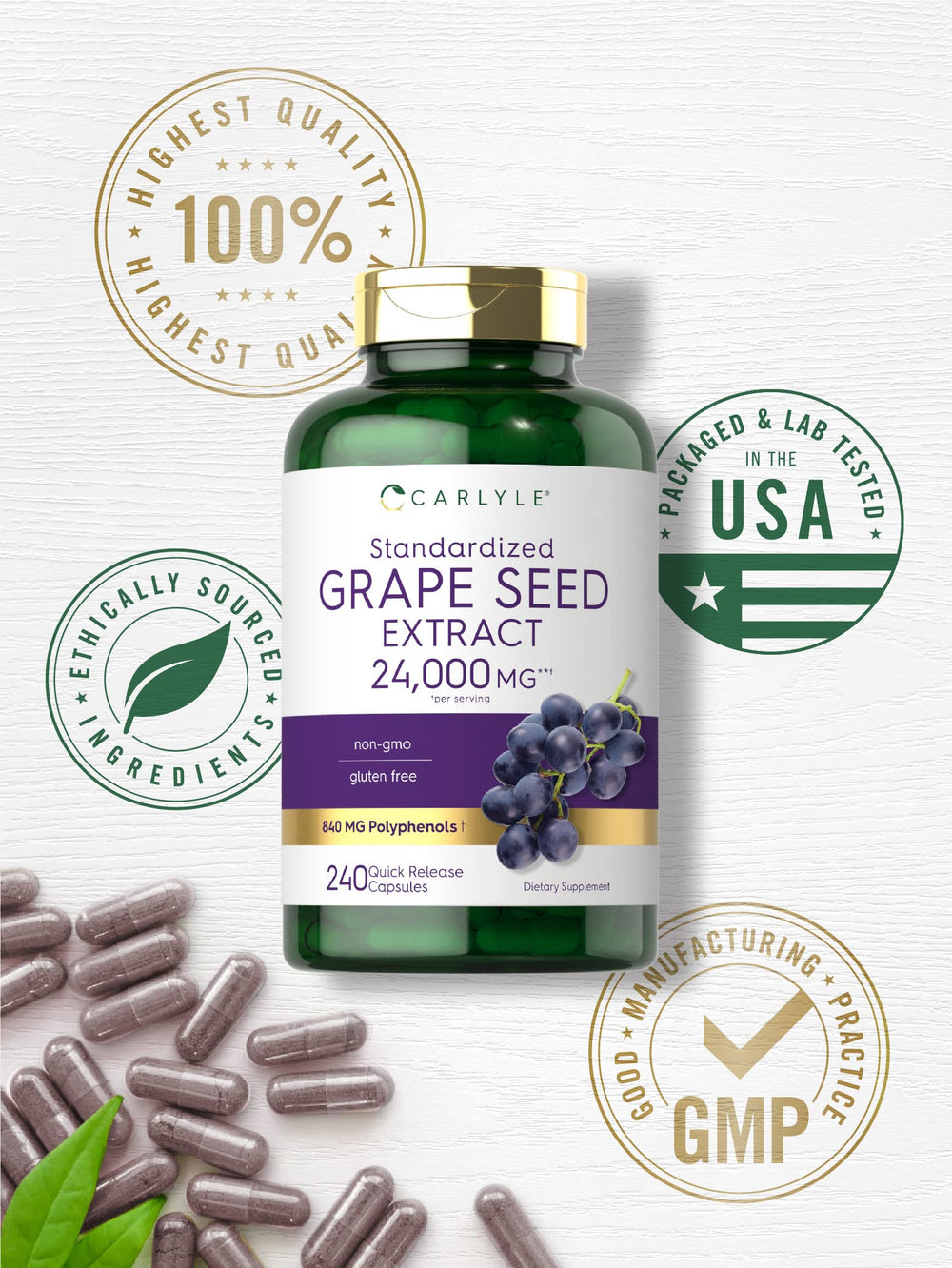 Capsules poured from Carlyle Grape Seed Extract bottle showing texture for easy daily use