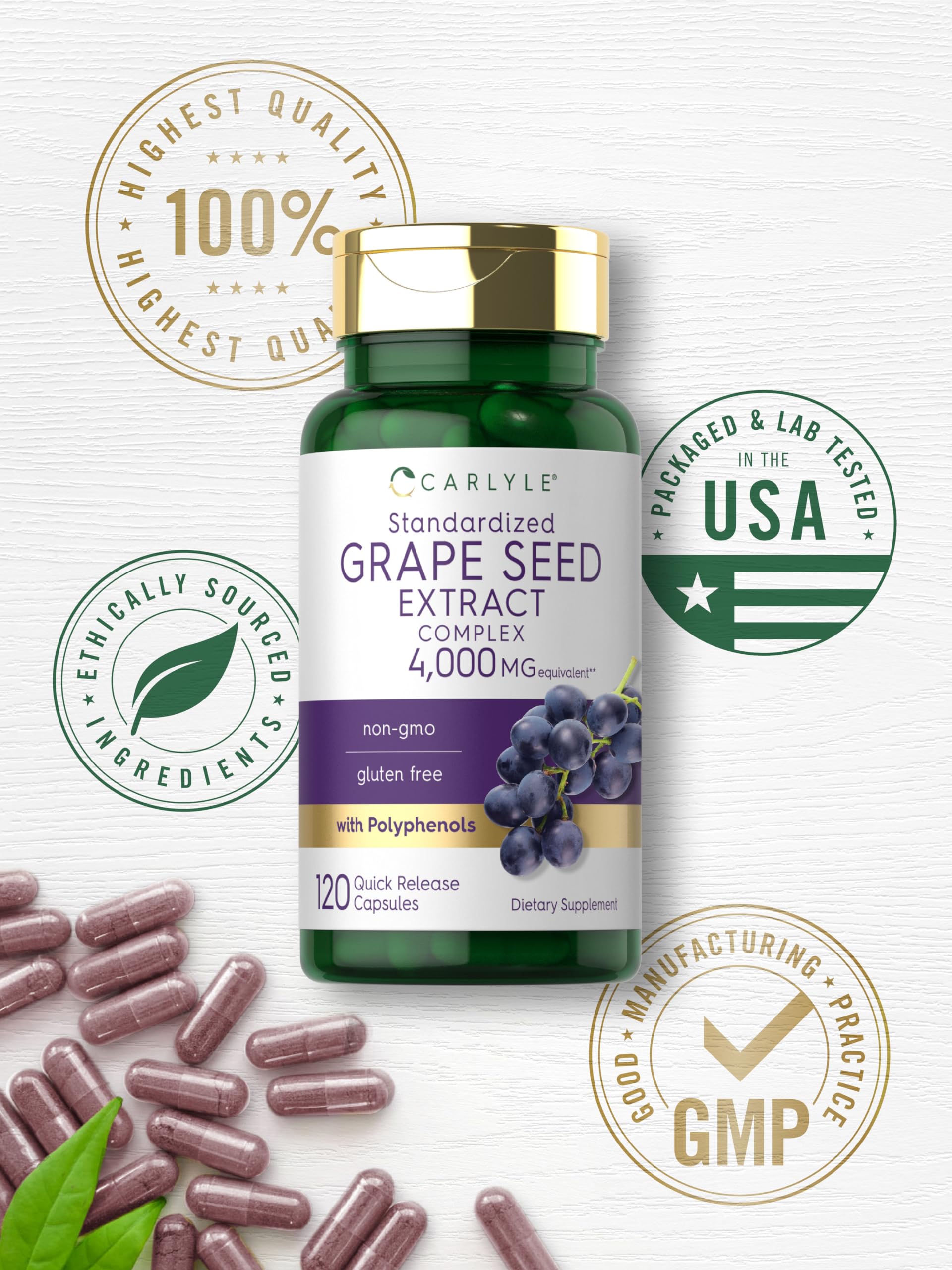 Carlyle Grape Seed Extract glass bottle and premium packaging convey quality.