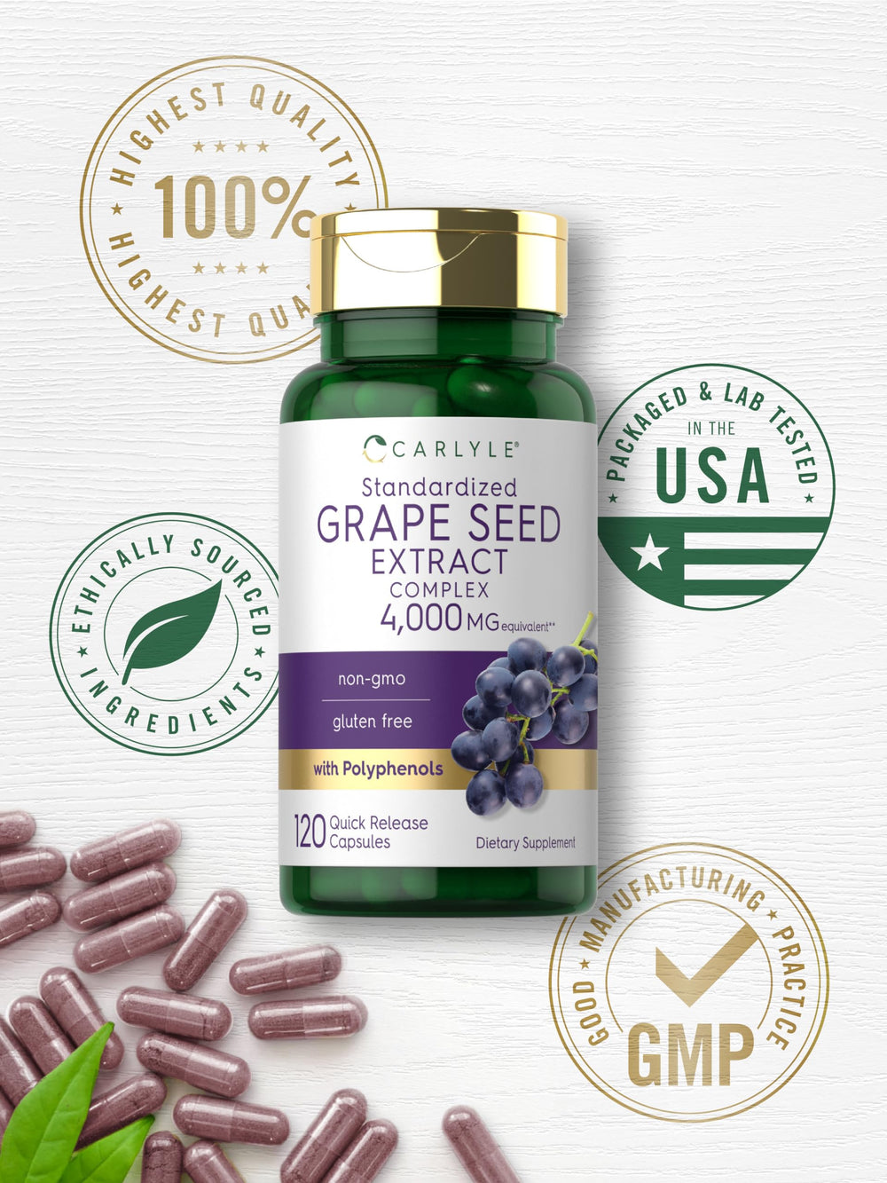 Carlyle Grape Seed Extract glass bottle and premium packaging convey quality.