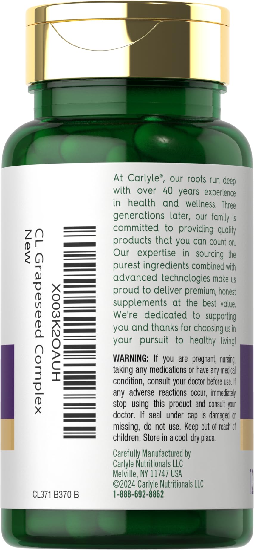 Carlyle Grape Seed Extract label close-up shows polyphenols and standardized extract.