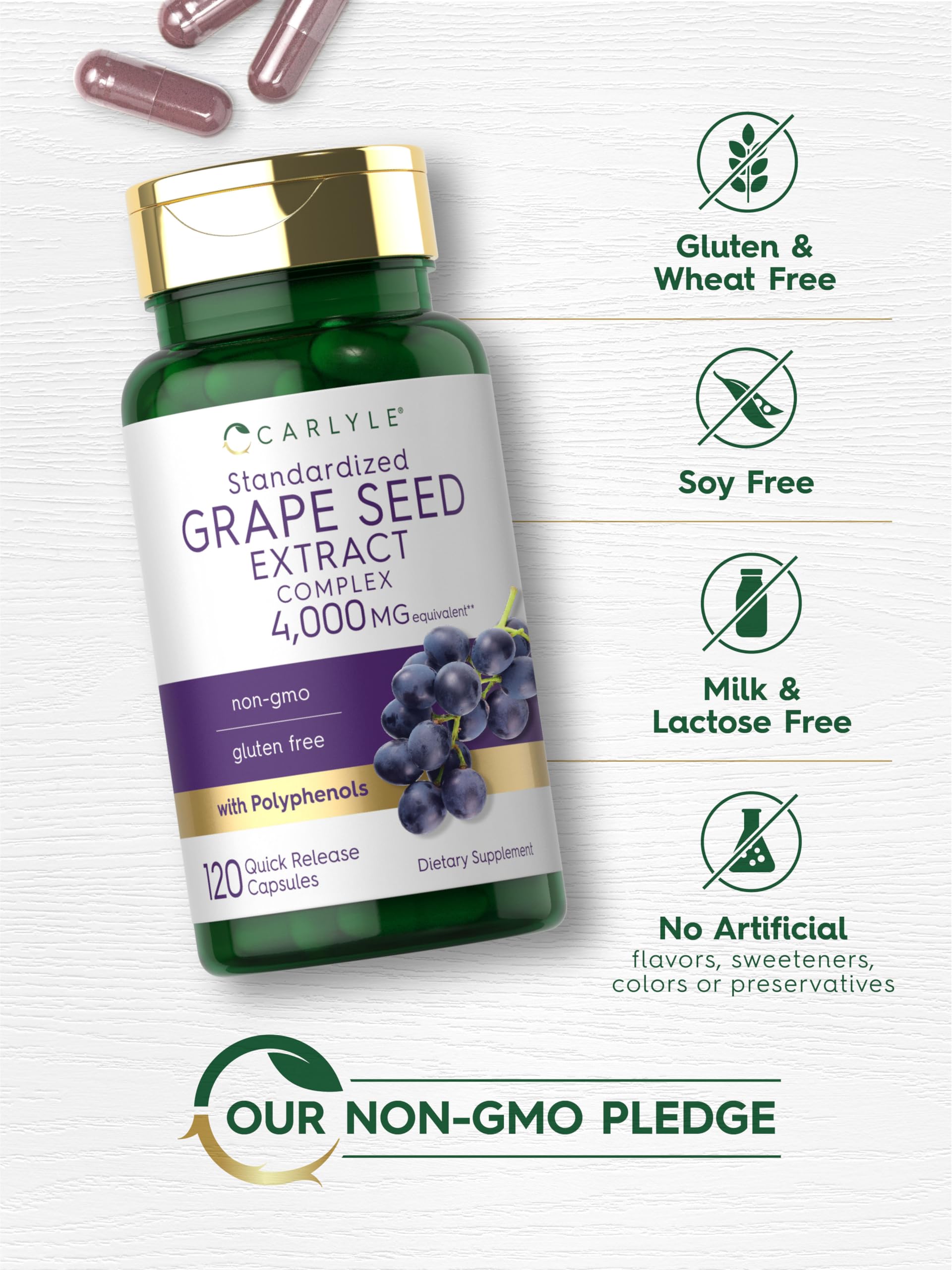 Carlyle Grape Seed Extract natural ingredients emphasis with gluten-free and non-GMO claim.