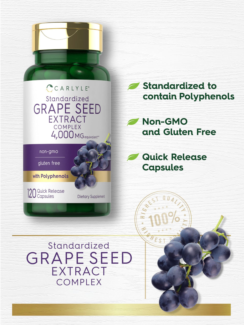 Carlyle Grape Seed Extract being poured, suggesting easy daily intake.