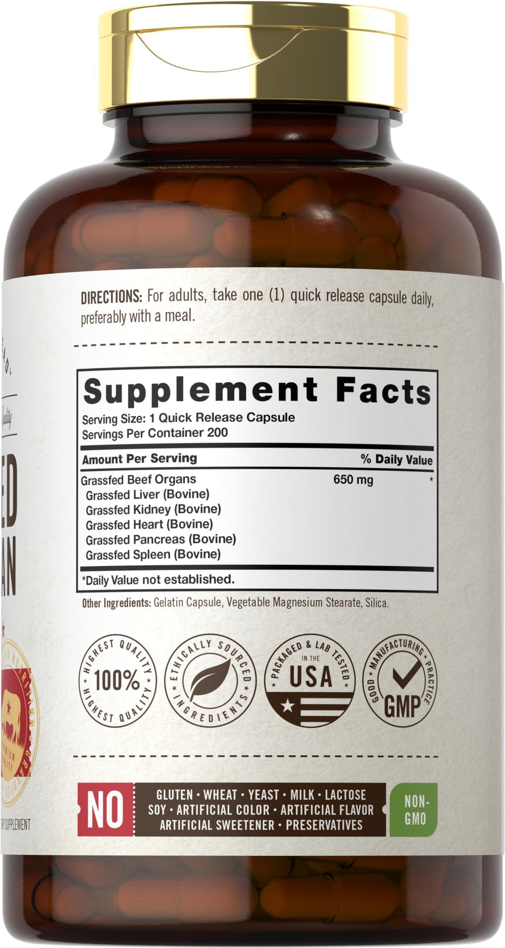 Carlyle Grass-Fed Beef Organ Complex label closeup shows ingredient transparency