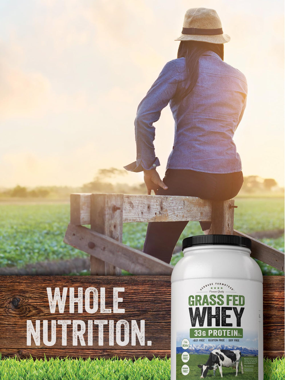 Carlyle Grass Fed Whey on kitchen counter emphasizing trusted in-house manufacturing quality.