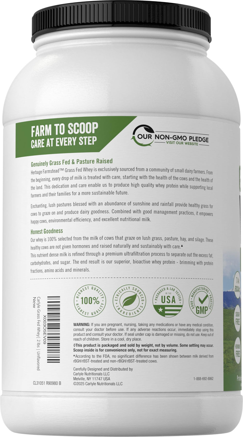 Scoop of Carlyle Grass Fed Whey Protein showing serving size for daily protein.