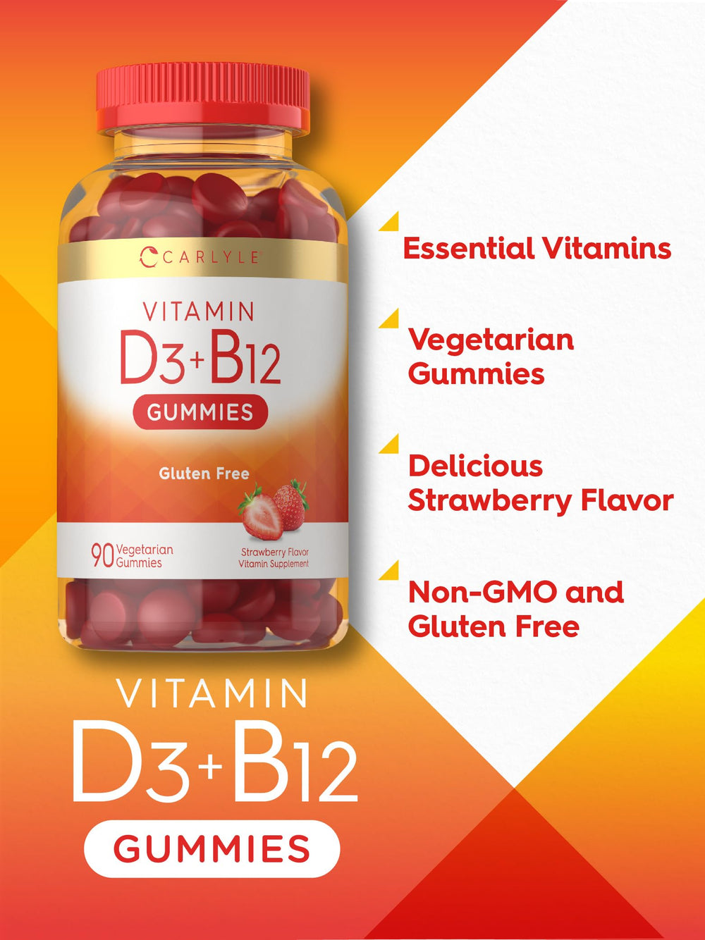 Carlyle Gummies with vegetarian symbol in frame suggesting plant-based vitamin D3 + B12